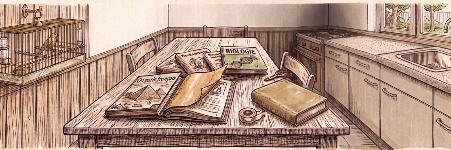 Getekende keuken met keukentafel vol schoolboeken, een rol kaftpapier, plakband en schaar, en een kanariekooi aan de wand