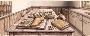 Getekende keuken met keukentafel vol schoolboeken, een rol kaftpapier, plakband en schaar, en een kanariekooi aan de wand