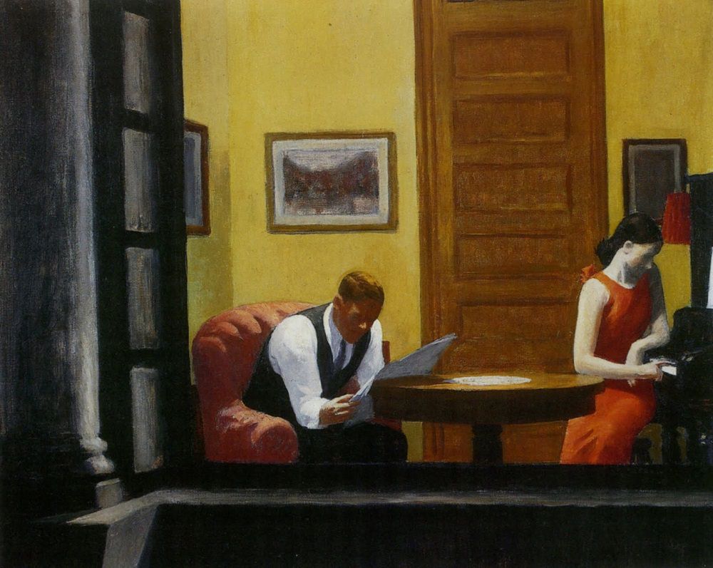 Bekijk 'Room in New York',  Edward Hopper, 1932. (praktische oefening bij  Lojong 4)